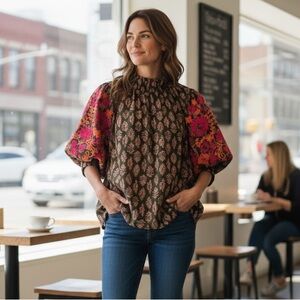 THML Puff-Sleeve Silk Embroidered Top
